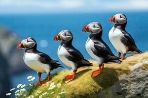 Puffins on the cliffs of the Faroe Islands, Denmark, Atlantic Puffin or Common Puffin, Fratercula arctica, Norway, AI Generated photo