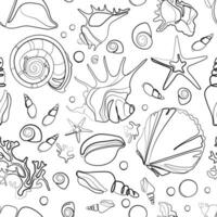 Sea shells seamless pattern black and white sketch.Vector illustration for print on paper.textiles and other designs.Line art drawing with shells vector