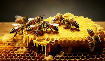 Detail of bees in honeycombs. AI generated photo