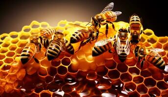 Detail of bees in honeycombs. AI generated photo