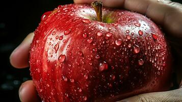 Hand holds a delicious red apple. AI generated photo