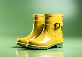 Women's fashion yellow and green rain boots. Super detailed. Winter time. AI generated photo