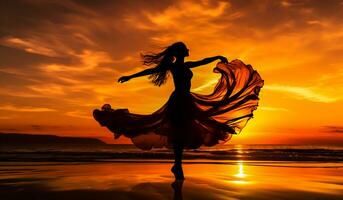 silueta de un mujer bailando en el playa a puesta de sol. ai generado foto