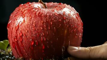 Hand holds a delicious red apple. AI generated photo