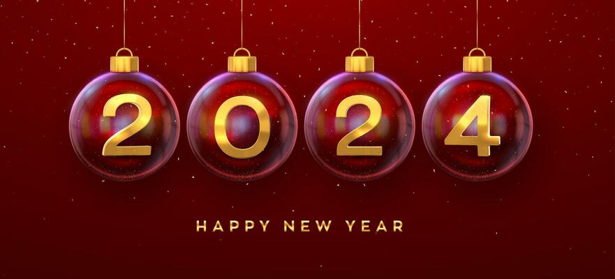 Happy New Year 2024. Golden metal 3D numbers 2024 in glass bauble. Hanging Christmas balls and glitter confetti. Greeting card. Holiday Xmas and New Year poster, banner, flyer. Vector Illustration.