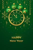 Happy New Year 2024. Hanging green Christmas bauble balls with realistic gold 3d numbers 2024 and snowflakes. Watch with Roman numeral and countdown midnight eve for New Year. Merry Christmas. Vector. vector
