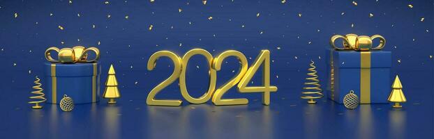 Happy New 2024 Year. 3D Golden metallic numbers 2024 with gift boxes, gold metallic cone shape pine, spruce trees, balls, confetti on blue background. Xmas banner, header, footer. Vector illustration.