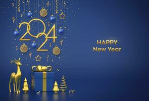 Happy New 2024 Year. Hanging golden metallic numbers 2024 with stars, balls and snowflake on blue background. Gift box and golden metallic pine or fir, cone shape spruce trees. Vector illustration.