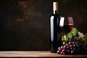 ai generado frutas, uvas, vino lentes y vino botellas en un clásico Clásico de madera antecedentes foto