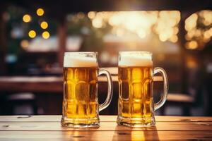AI Generated  Two beer mugs filled with beer and beer foam, rustic background photo