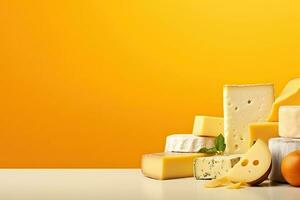 AI Generated  The various cheese banners are arranged on a light colored background with space for writing text. photo