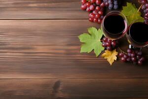 ai generado bandera. frutas, uvas, vino lentes y vino botellas en un clásico Clásico de madera antecedentes. foto