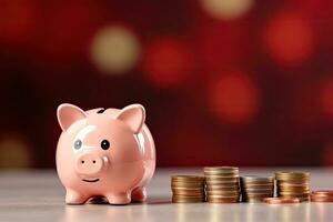 AI Generated Pig piggy bank and coins lined up photo