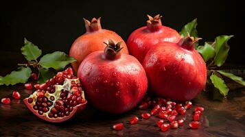 Table full of red and delicious pomegranates. Healthy food concept. AI generated photo