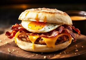 English muffin sandwich with crispy bacon, fried egg and melted cheese. AI generated photo