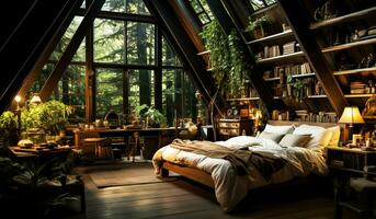Interior of a bedroom in a rustic wooden cabin. AI generated photo