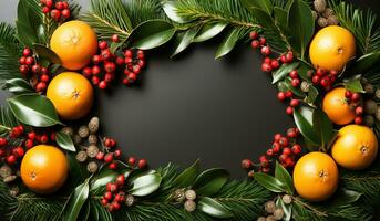 Christmas wreaths with berries and oranges on black background. AI generated photo