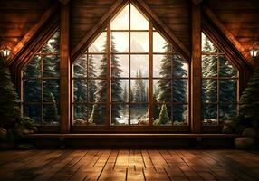 Rustic wooden cabin, with large windows that allow you to see the forest landscape. AI generated photo