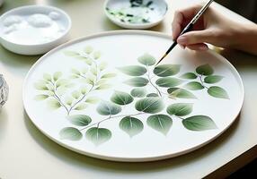 Handmade painting on a ceramic plate. Traditional crafts. AI generated photo