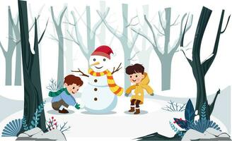 Two Childrens Playing Outdoors Making Snowman. Hello winter. vector