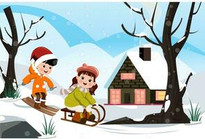 The childrens play skating together on front home in the winter season vector