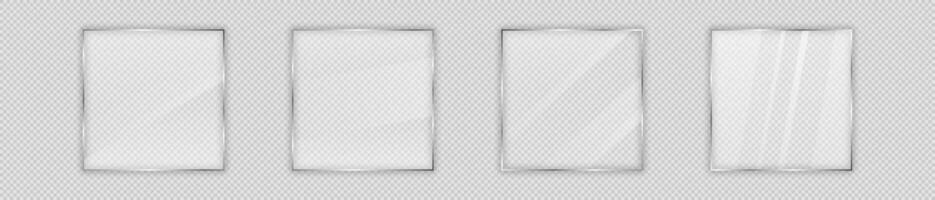 Set of four glass plates in square frame isolated on background. Vector illustration.