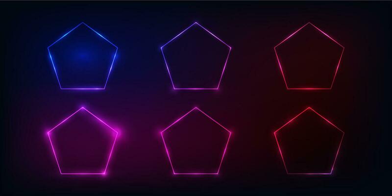 Set of six neon frames with shining effects
