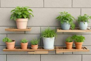 Shelves with different combinations of plants and pots. background. AI Generative Pro Photo