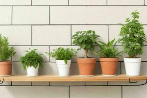 Shelves with different combinations of plants and pots. background. AI Generative Pro Photo