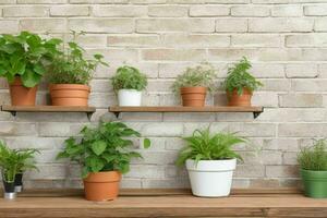 Shelves with different combinations of plants and pots. background. AI Generative Pro Photo