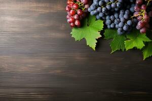 ai generado bandera. frutas, uvas, vino lentes y vino botellas en un clásico Clásico de madera antecedentes. foto