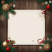 AI Generated Mockup of blank invitation greeting card on Christmas themed background. photo