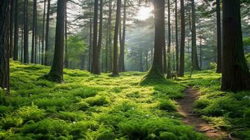 ai generado un ver de un lozano hojas perennes bosque con verde musgo pegajoso a rocas y un corriente fluido mediante eso foto