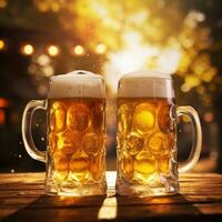 AI Generated  Two beer mugs filled with beer and beer foam, rustic background photo