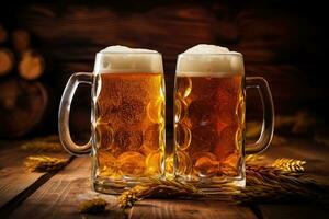 AI Generated  Two beer mugs filled with beer and beer foam, rustic background photo