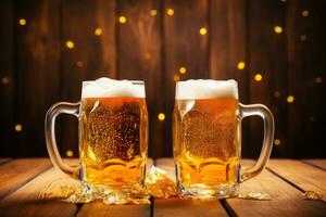 AI Generated  Two beer mugs filled with beer and beer foam, rustic background photo