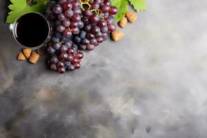 AI Generated Banner. Fruits, grapes, wine glasses and wine bottles on a classic vintage wooden background. photo