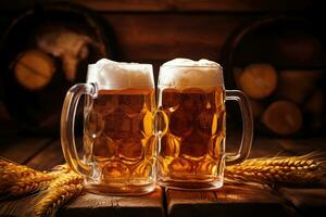 AI Generated  Two beer mugs filled with beer and beer foam, rustic background photo