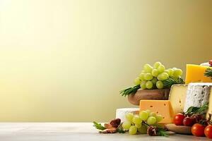 AI Generated  The various cheese banners are arranged on a light colored background with space for writing text. photo