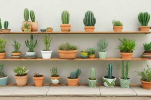 Shelves with different combinations of cactus and pots. background. AI Generative Pro Photo