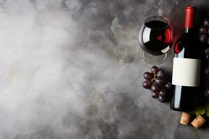 AI Generated Banner. Fruits, grapes, wine glasses and wine bottles on a classic vintage wooden background. photo