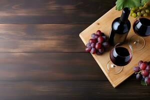 ai generado bandera. frutas, uvas, vino lentes y vino botellas en un clásico Clásico de madera antecedentes. foto