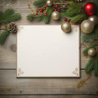 AI Generated Mockup of blank invitation greeting card on Christmas themed background. photo