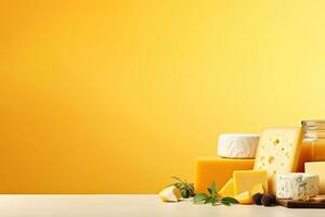 AI Generated  The various cheese banners are arranged on a light colored background with space for writing text. photo