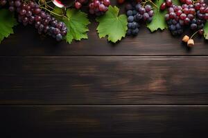 ai generado bandera. frutas, uvas, vino lentes y vino botellas en un clásico Clásico de madera antecedentes. foto