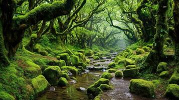 AI Generated A view of a lush evergreen forest with green moss clinging to rocks and a stream flowing through it photo