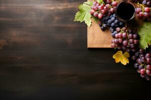 ai generado bandera. frutas, uvas, vino lentes y vino botellas en un clásico Clásico de madera antecedentes. foto