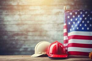 AI Generated  Labor Day background concept featuring American flag and safety helmet. photo