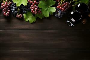 AI Generated Banner. Fruits, grapes, wine glasses and wine bottles on a classic vintage wooden background. photo