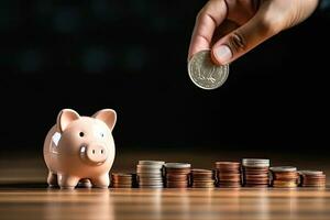 AI Generated Pig piggy bank and coins lined up photo